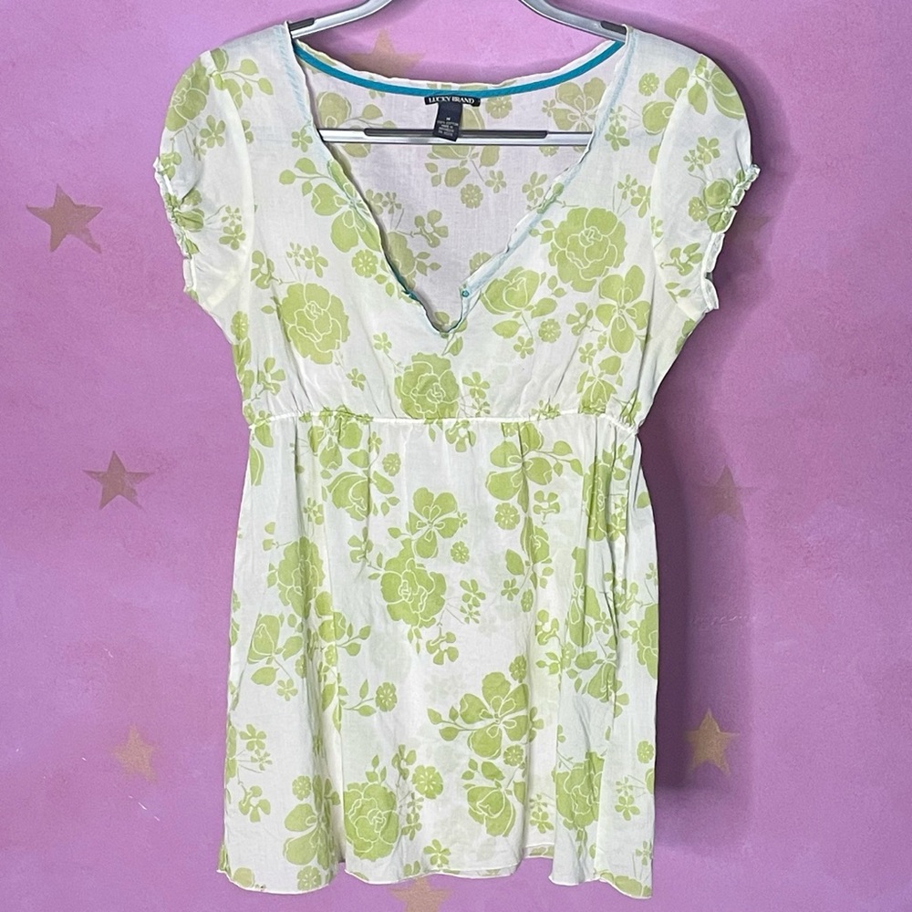 Lucky Brand Vintage Cotton Floral Blouse White Green Babydoll Women’s Med